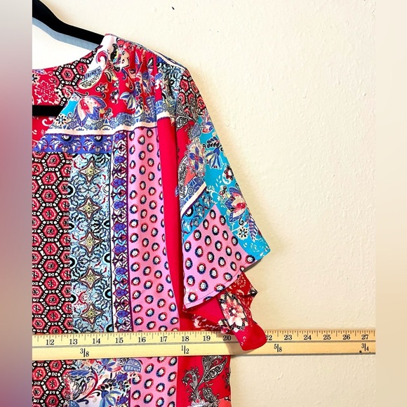 Chicos Patchwork Print Peplum Flutter Sleeve Top Blouse Size 2 Pink Red Floral - Picture 6 of 7